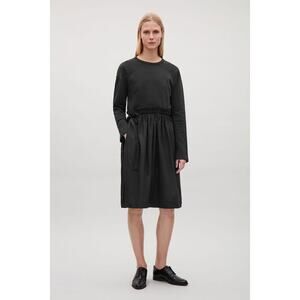 Cos Black Frill Waist Mixed Media Drawstring Waist Knee Length Dress